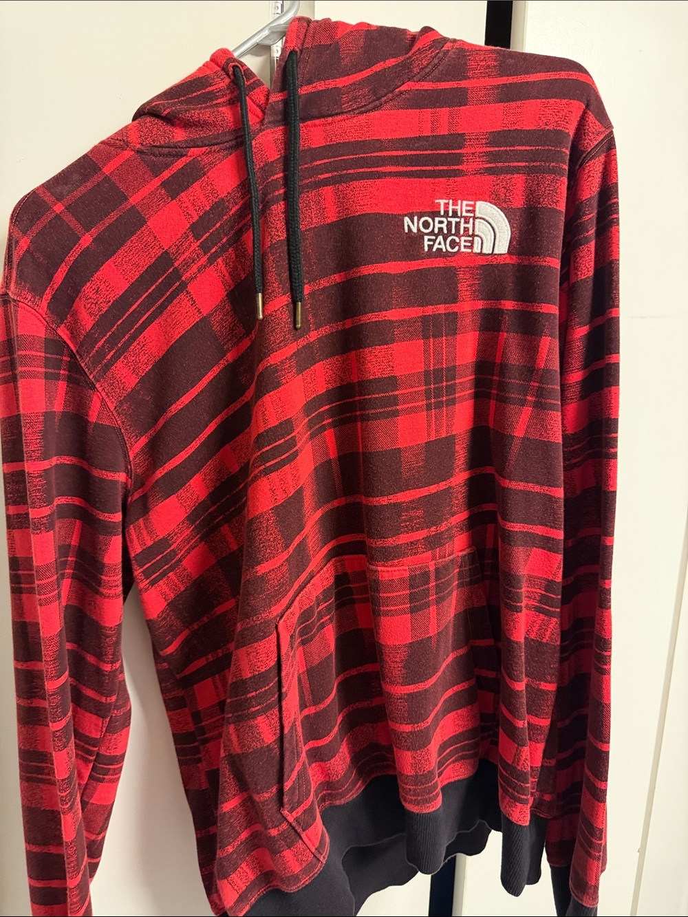 The North Face Red and Black Plaid Zip-Up Hoodie Sweater